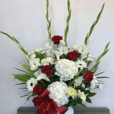 SA024 Red Bow Sympathy Flower Arrangement